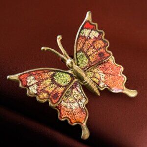 Vintage Red Orange Butterfly Glitter Pin Brooch Boho Hippie 1970's